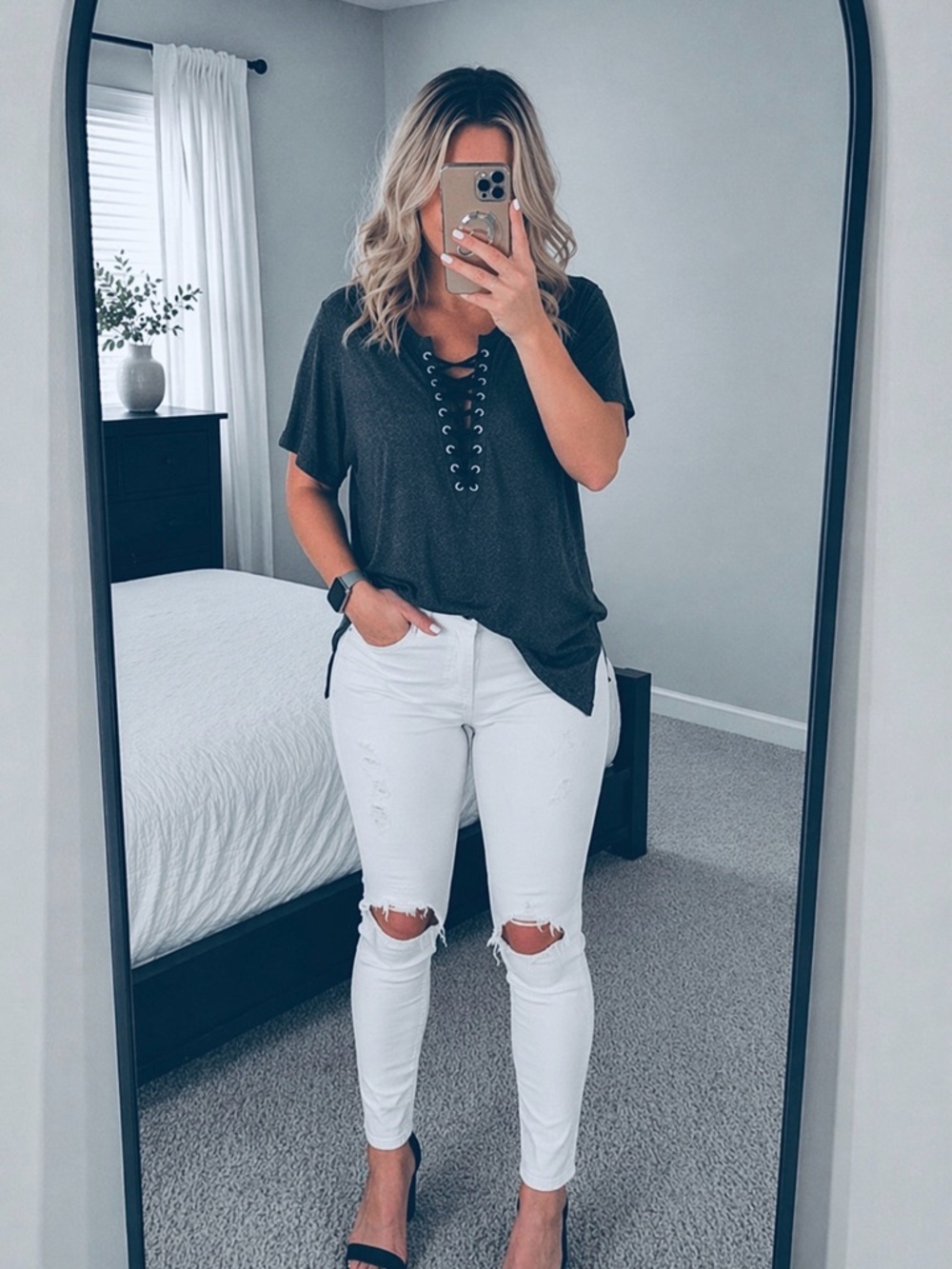 Charcoal Lace-Up Front Tee | Soft Stretch Short Sleeve Top | Casual Chic | NEW